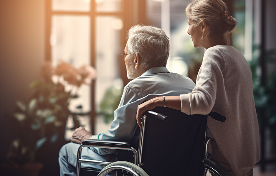 a man on a wheelchair with carer